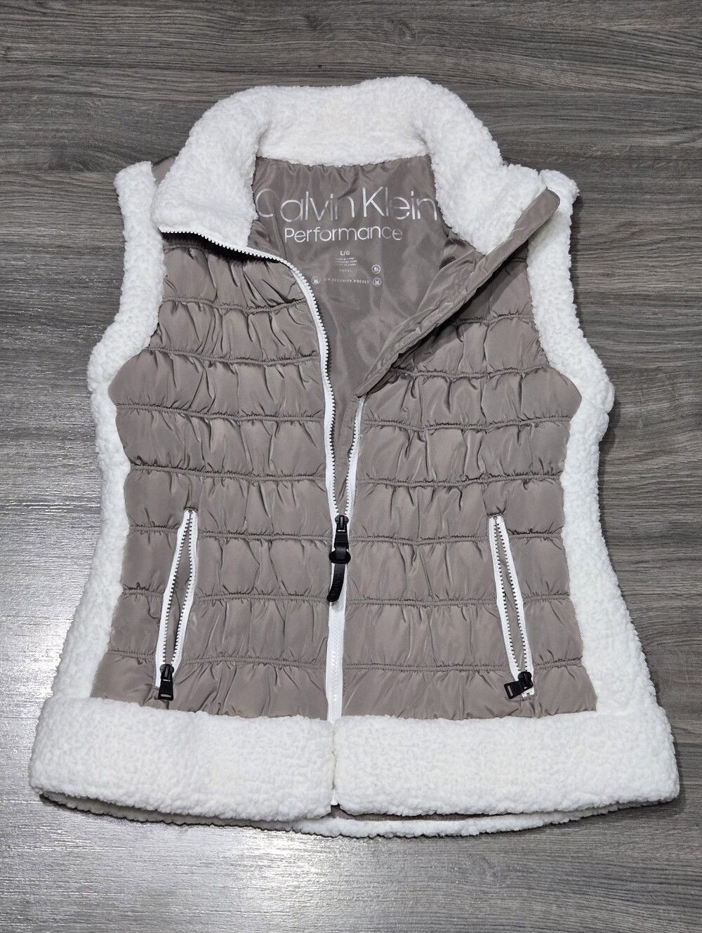 Calvin Klein Taupe Quilted Vest with White Sherpa Trim Security Pocket